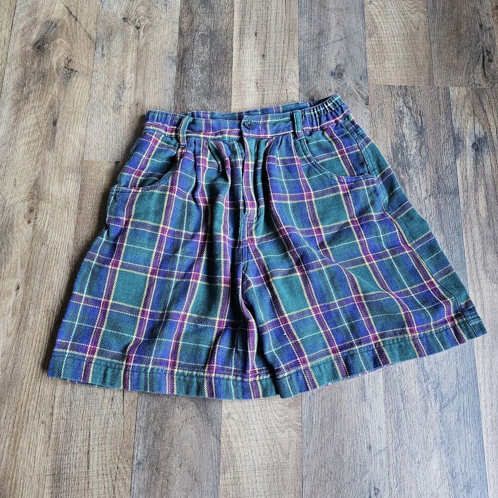 Vintage 90s Plaid High Waisted Bermuda Shorts Green Purple Cotton Kids M 8 - Picture 1 of 8